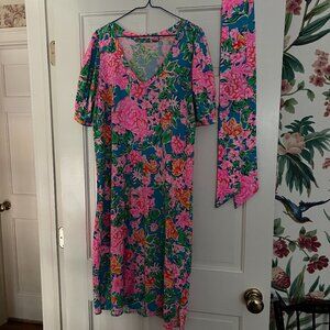 Bright colorful Lilly Pulitzer cotton knit shift dress with self belt.  Size M.